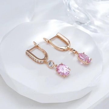 Attractive Rolled 14K Rose Gold Pink AAA Zircon Crystals Dangle Earrings For Women - Luxury Bride Jewellery